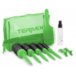 Set de Brushing Profesional en 3 Pasos Verde Fluor TERMIX (cepillos+raqueta+pinzas+serum+neceser)