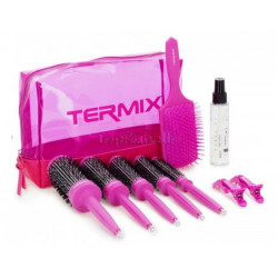 Set de Brushing Profesional en 3 Pasos Rosa Fluor TERMIX (cepillos+raqueta+pinzas+serum+neceser)